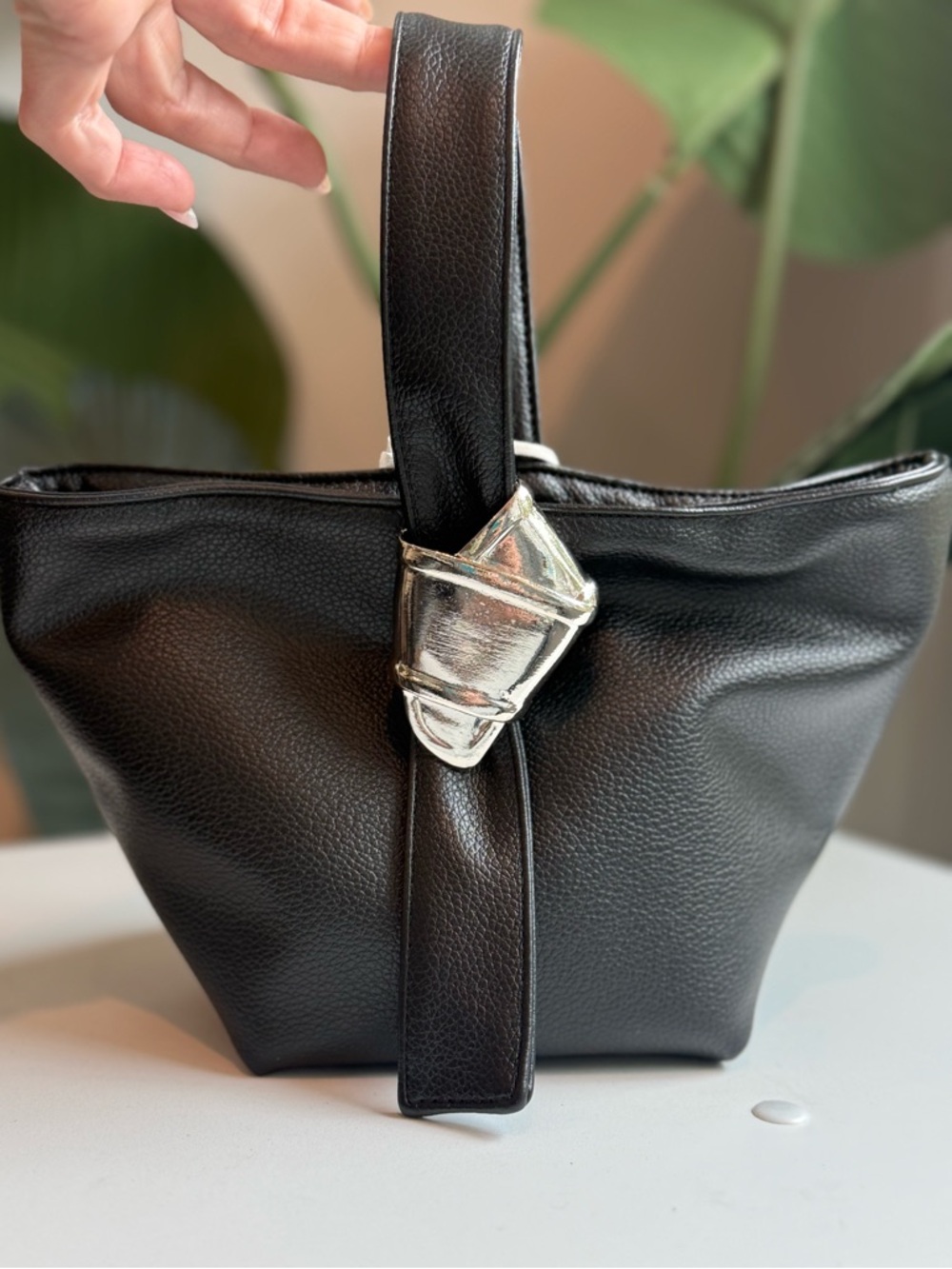 Black Pebbled Leather Mini Tote with Sculptural Hardware